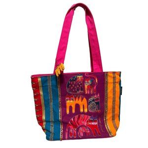 Laurel Burch Cat Geometric Large Shoulder Tote Bag Beaded Inner Pockets EUC